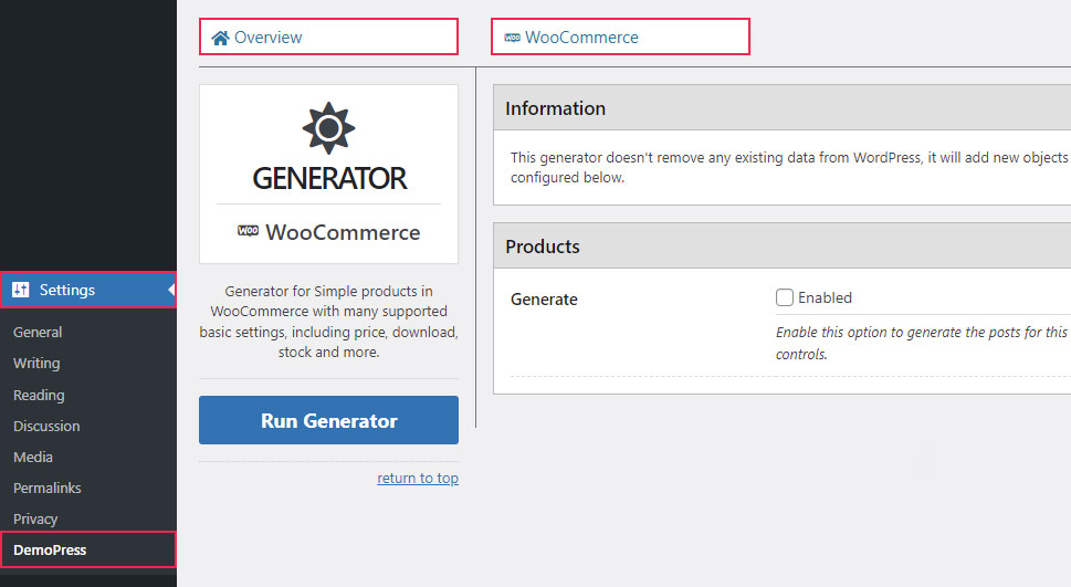 DemoPress Overview WooCommerce