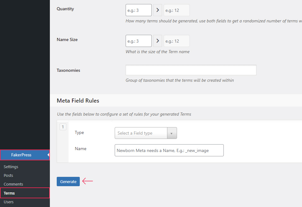 FakerPress Terms Generate