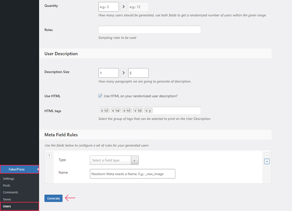 FakerPress Users Generate
