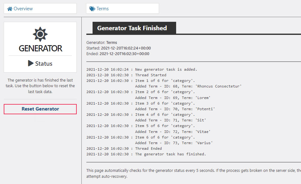 Reset Generator Terms