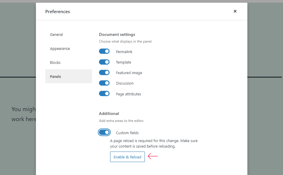 Gutenberg Preferences Enable and Reload