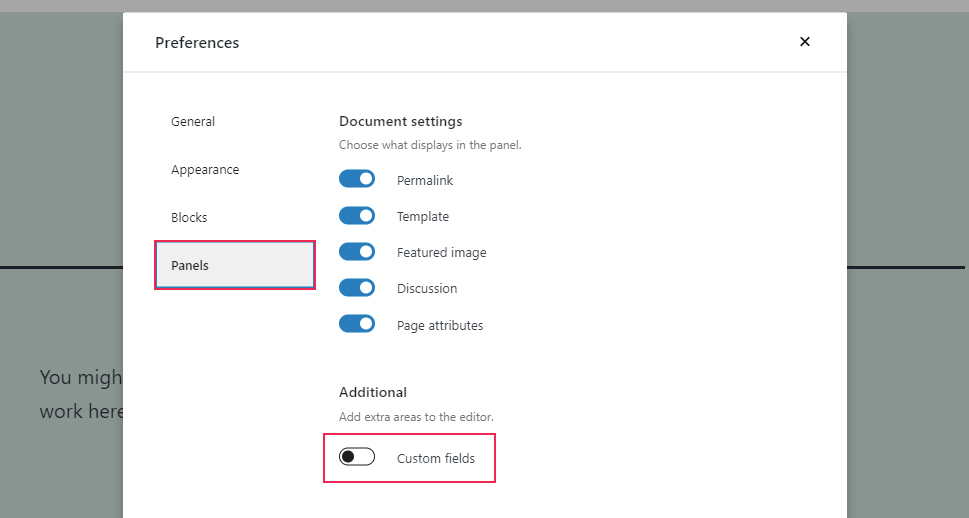 Gutenberg Preferences Panels Custom Fields