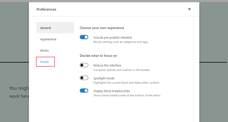 Gutenberg Preferences Panels