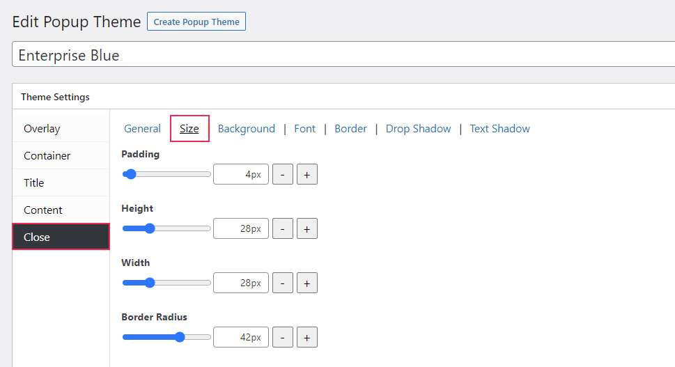 Popup Themes Close Size