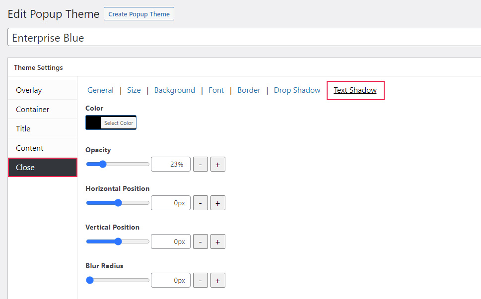 Popup Themes Close Text Shadow