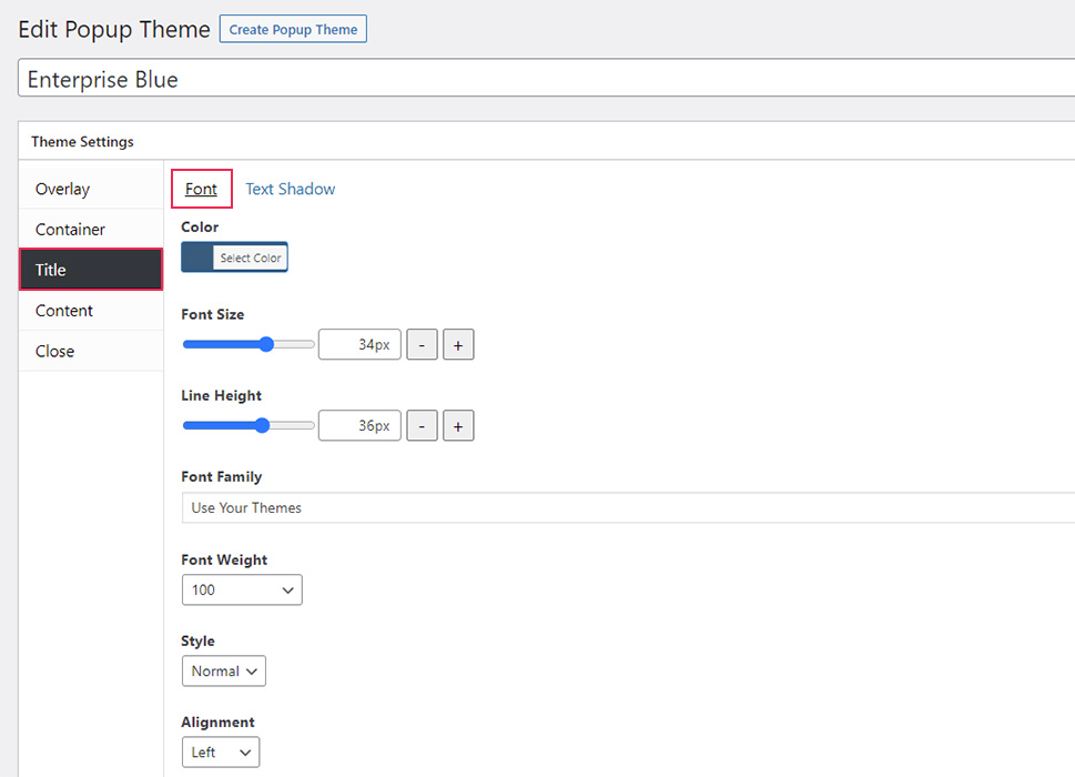 Popup Themes Title Font