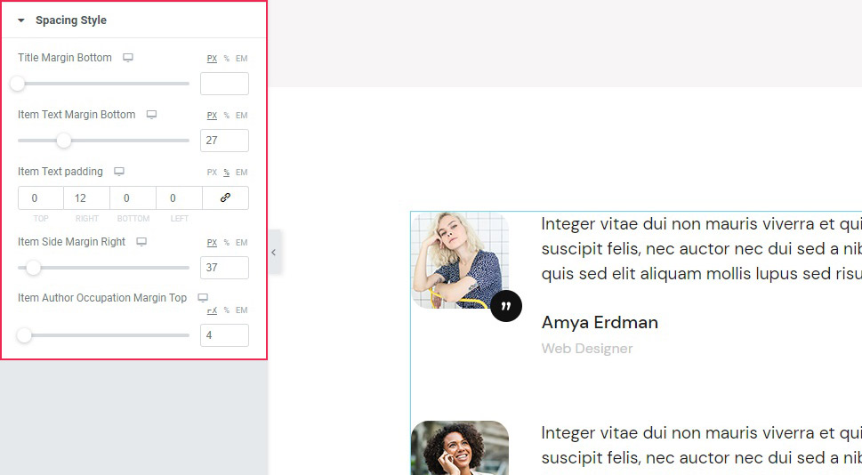 Testimonials Spacing Style