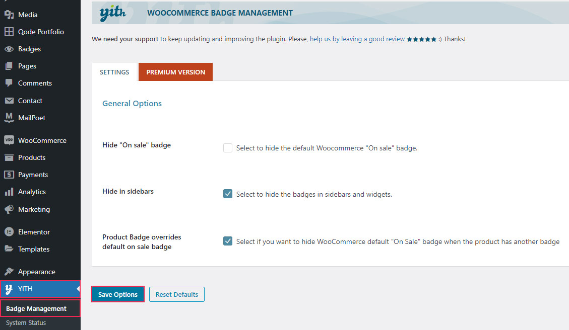 YITH Badge Management Options