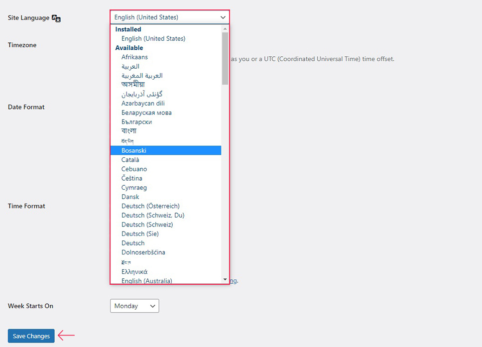 Choose Site Language