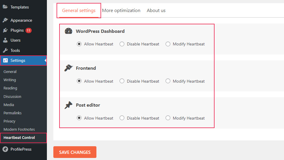 Heartbeat Control General Settings