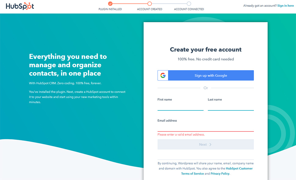 HubSpot Create Your Account
