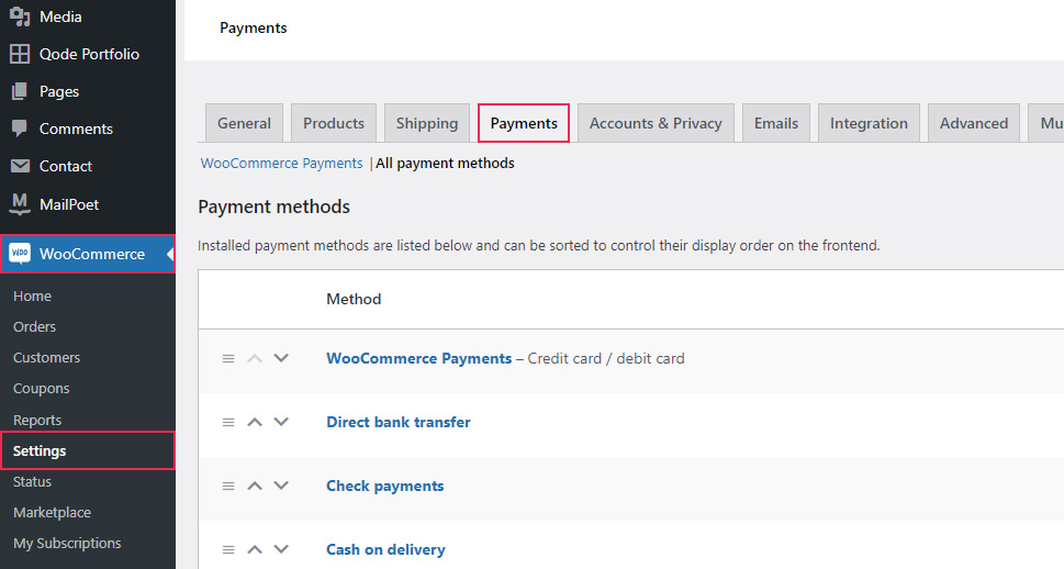 WooCommerce Settings Payments