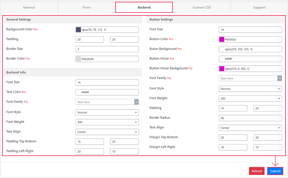 Backend Options Submit