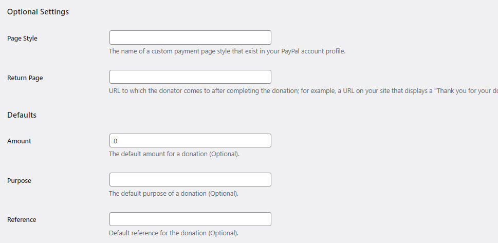 PayPal Donations Optional Settings