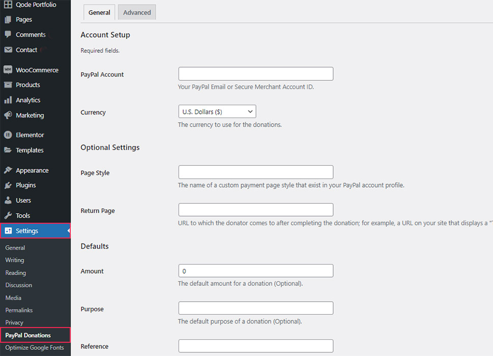 PayPal Donations Settings