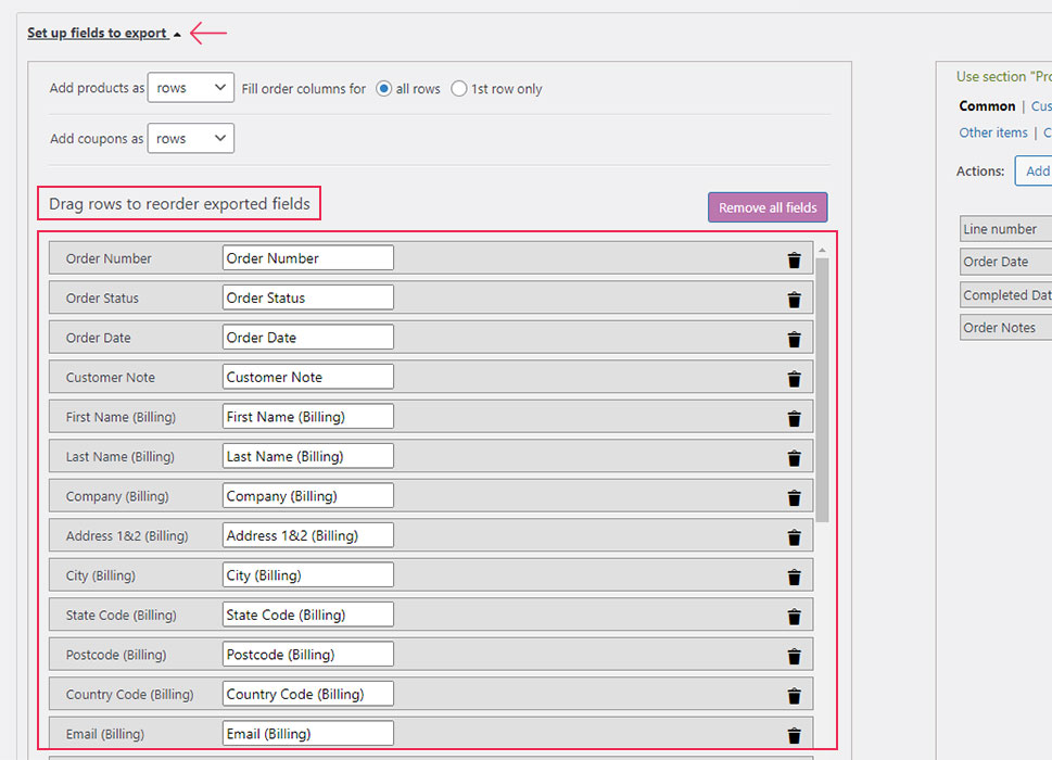 Set up fields to export