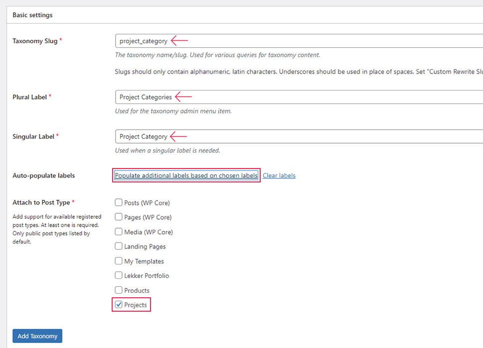 Taxonomy Basic Settings