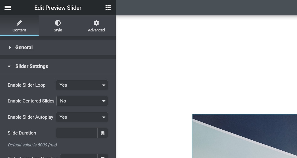 Preview Slider Slider Settings