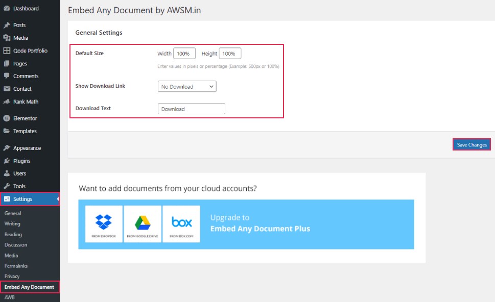 Settings Embed Any Document