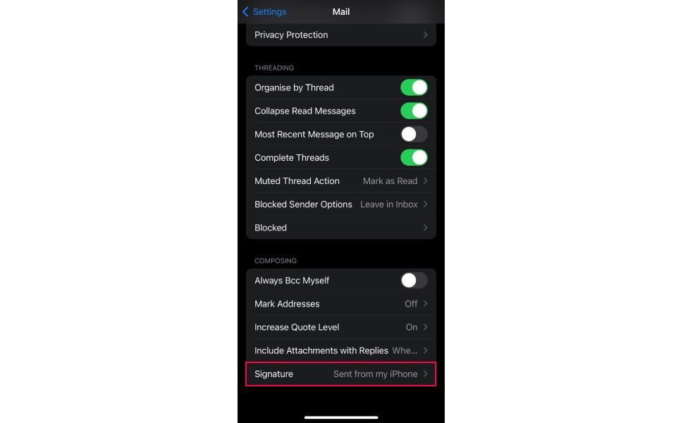 iPhone Signature Settings