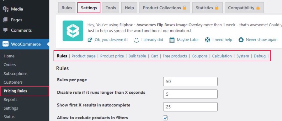 Pricing Rules Settings