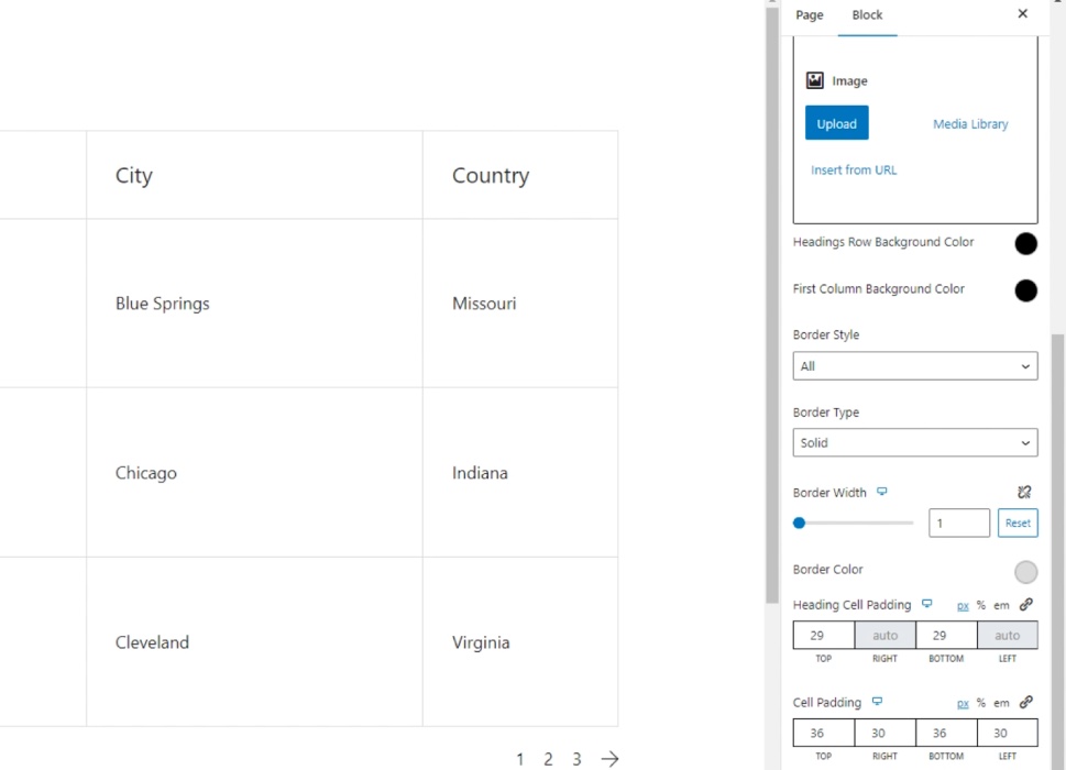 Data Table Gutenberg Style Options