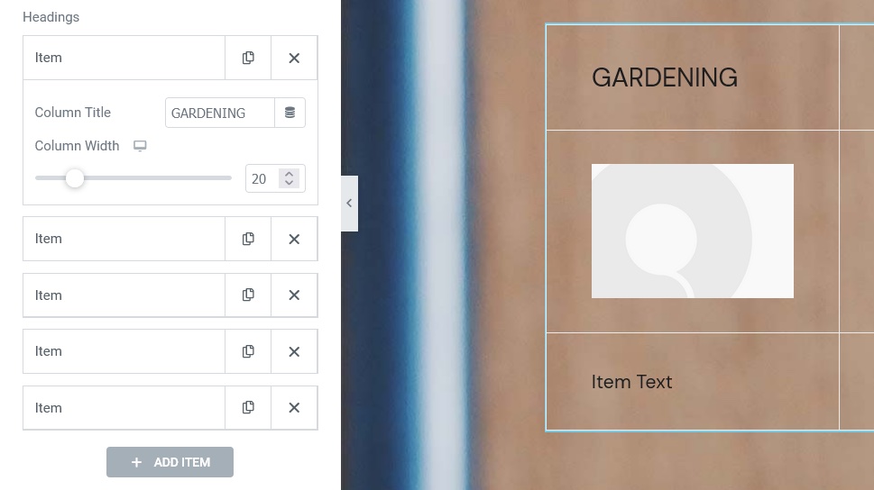 Data Table Headings Item