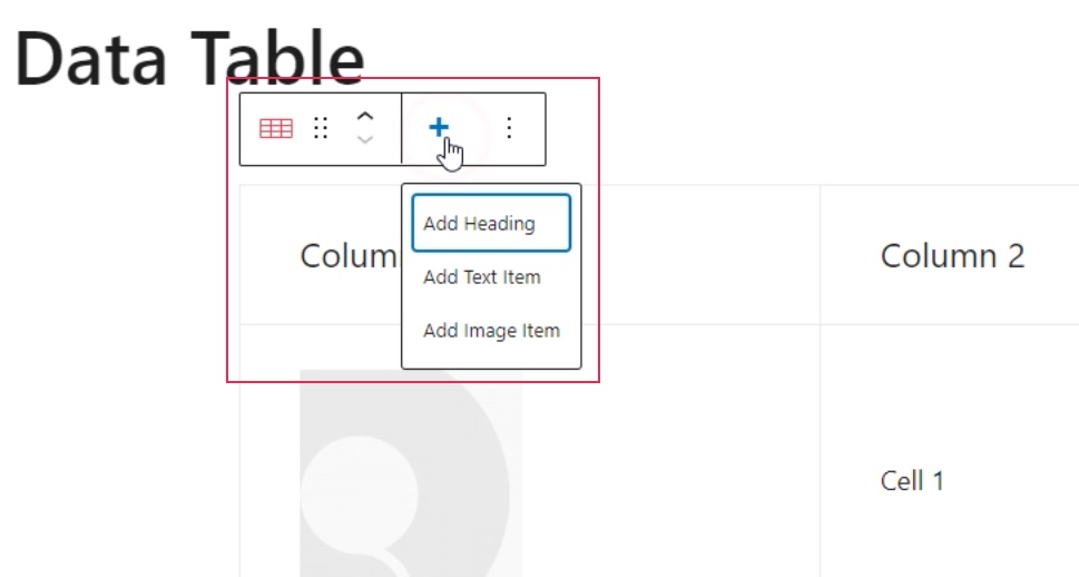 Data Table Gutenberg Adding Headings and Items