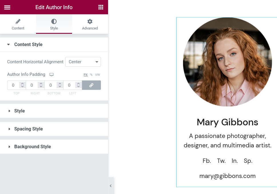 Author Info Elementor Content Style