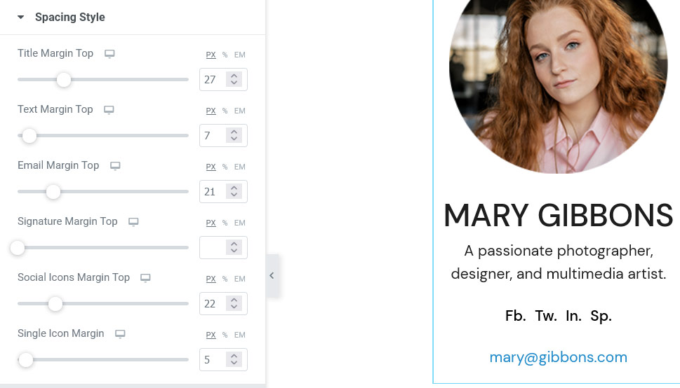 Author Info Elementor Spacing Style