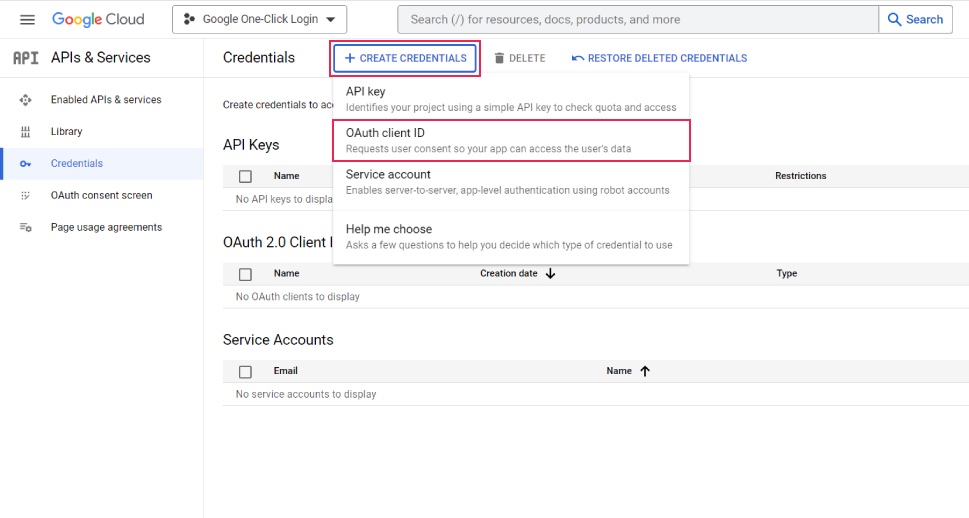 Google Login Create Credentials